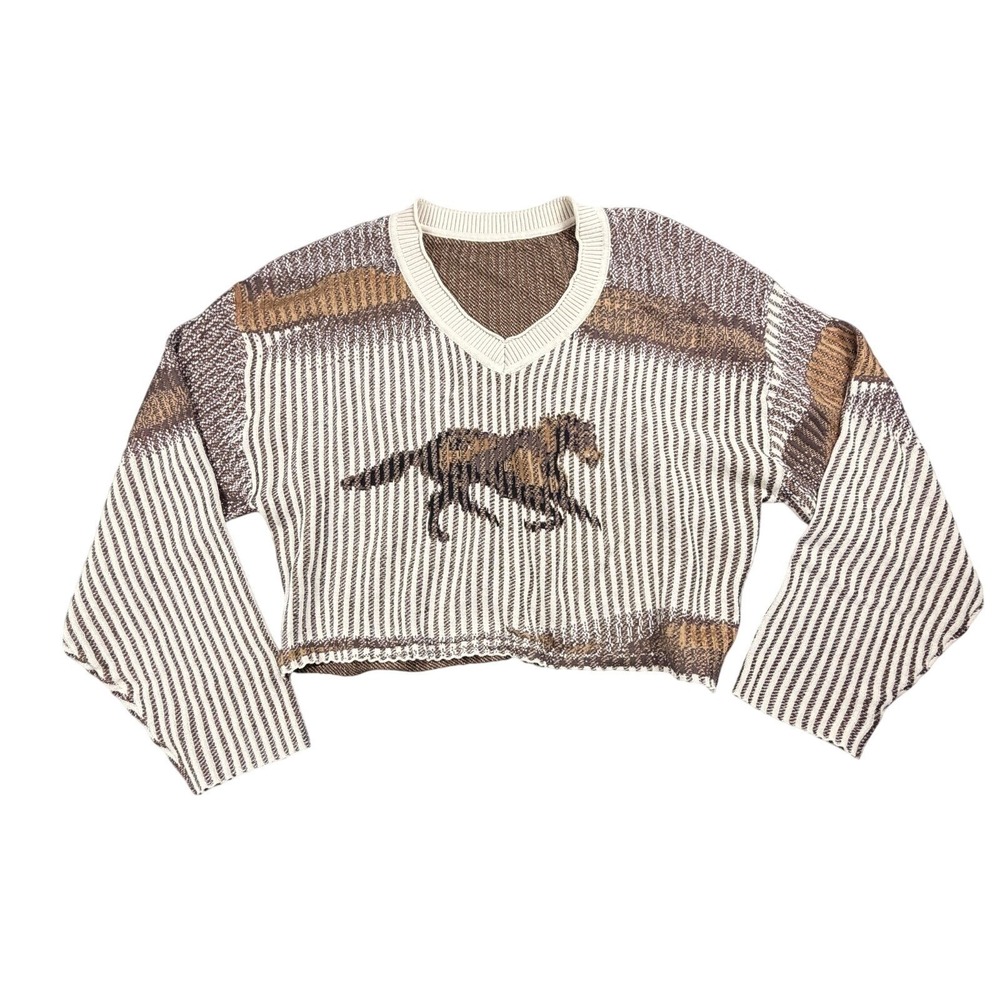Cider Womens M Brown Horse Print Cropped V-Neck Knit Sweater Preppy Equestrian - Picture 4 of 10
